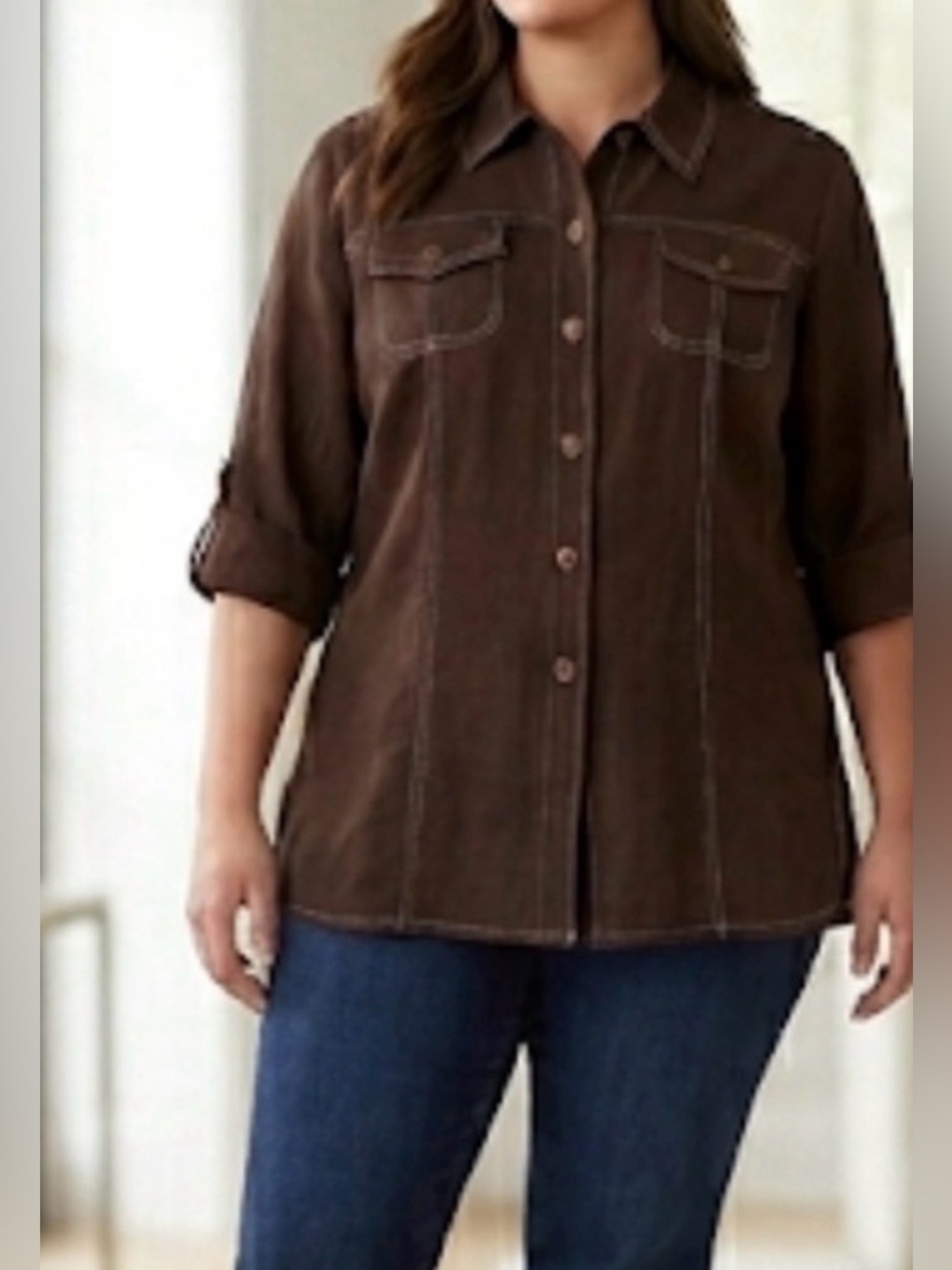 TanJay Women’s size 18W Brown 3/4 Sleeve Button Down Blouse Excellent(A586)